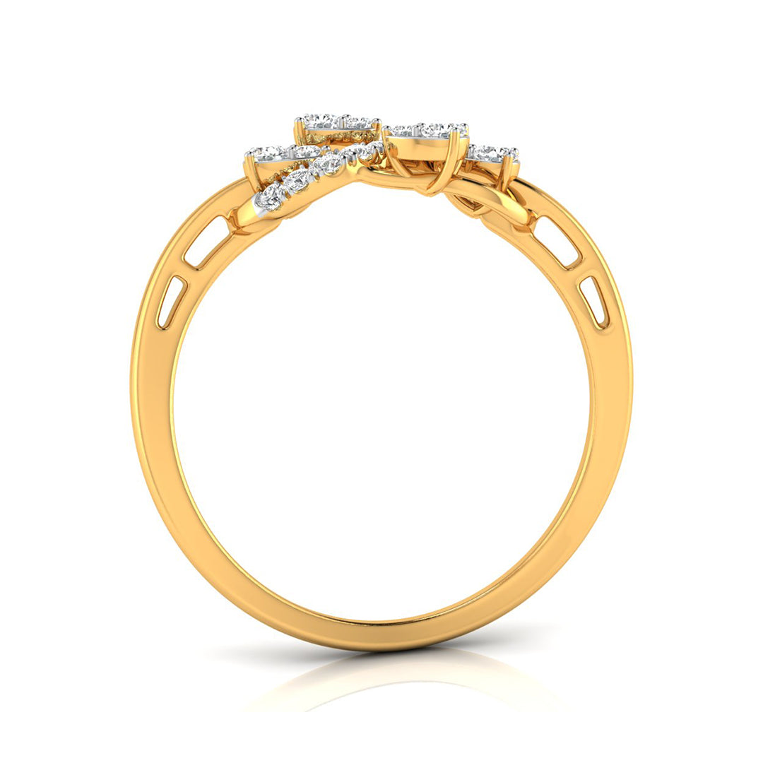 A yellow gold ring with a decorative top featuring small clear gemstones, shown on a clean white background with a soft reflection.