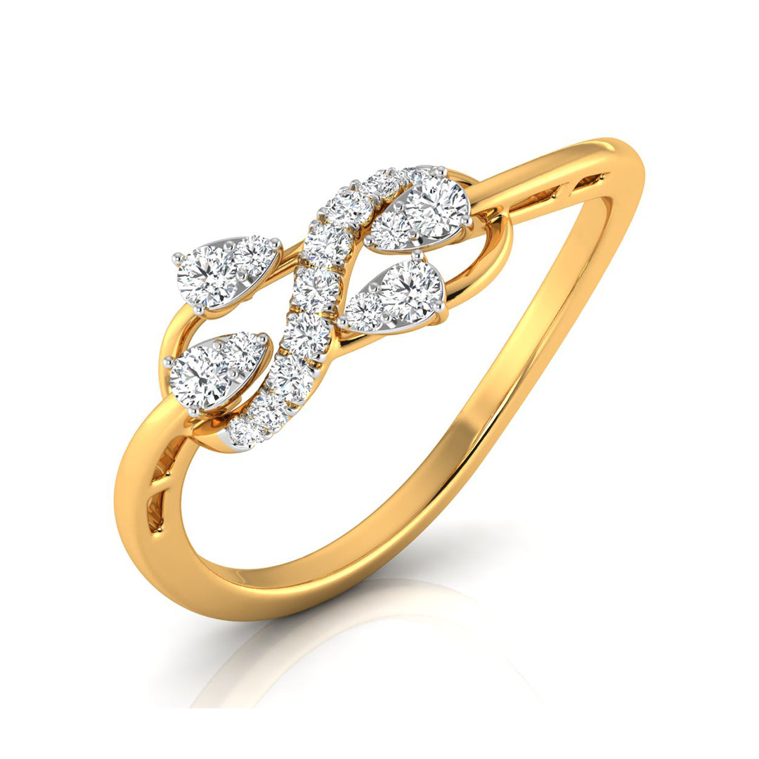 A yellow gold ring featuring a curved, leaf-like top set with multiple round and pear-cut clear gemstones, shown on a clean white background with a soft reflection.