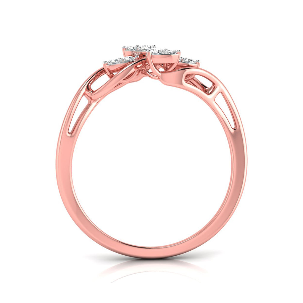 Rose gold diamond ring with a three-stone cluster setting on a white background.