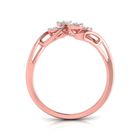 Rose gold diamond ring with a three-stone cluster setting on a white background.