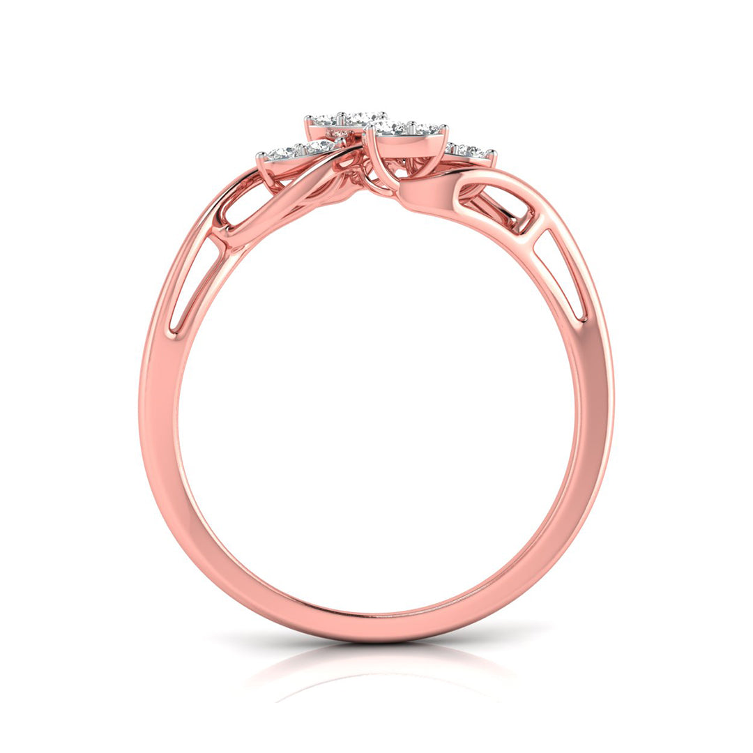 Rose gold diamond ring with a three-stone cluster setting on a white background.
