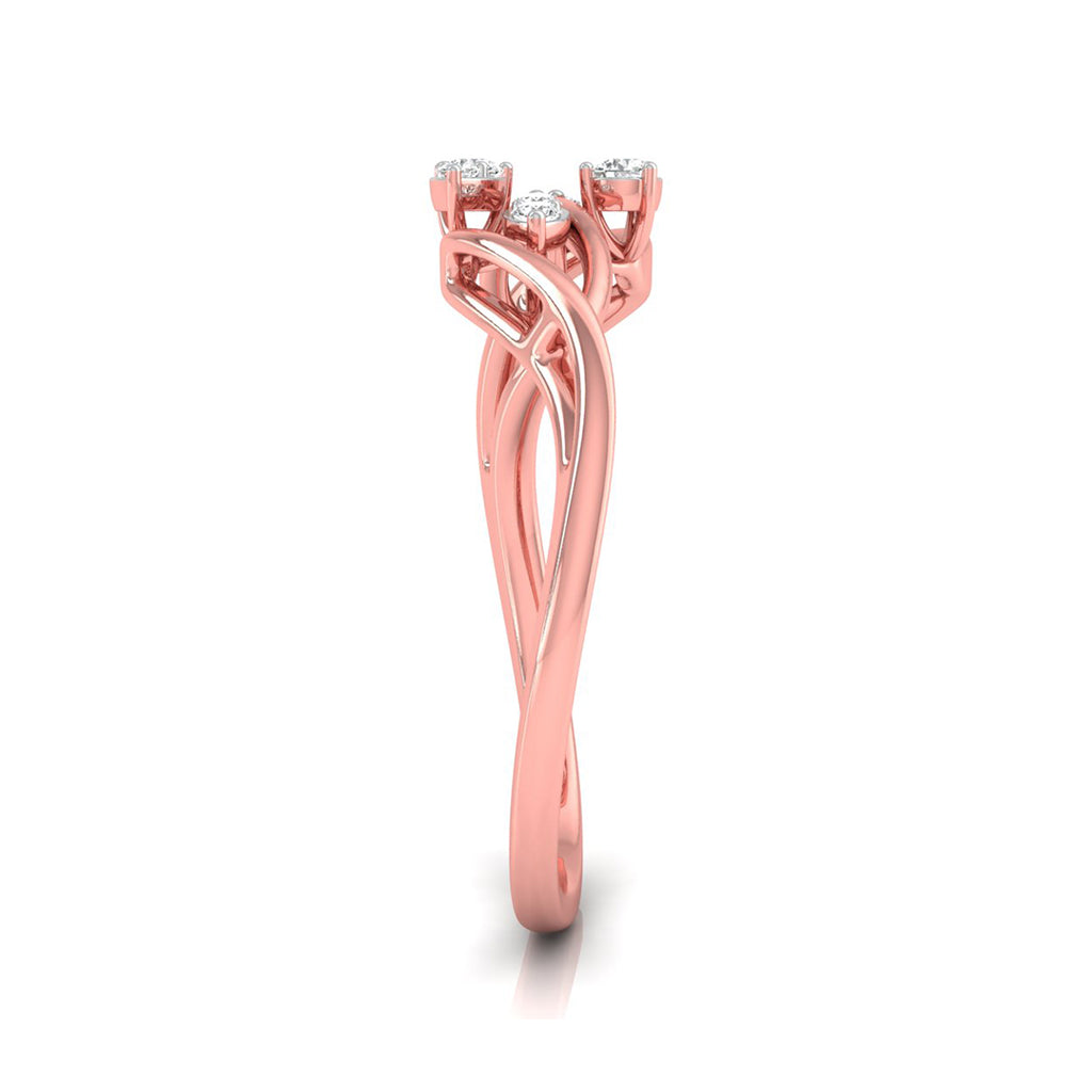 A rose gold three-stone diamond ring with a twisted, flowing band design and three round-cut diamonds set in a prong setting, shown on a clean white background.