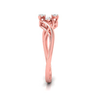 A rose gold three-stone diamond ring with a twisted, flowing band design and three round-cut diamonds set in a prong setting, shown on a clean white background.