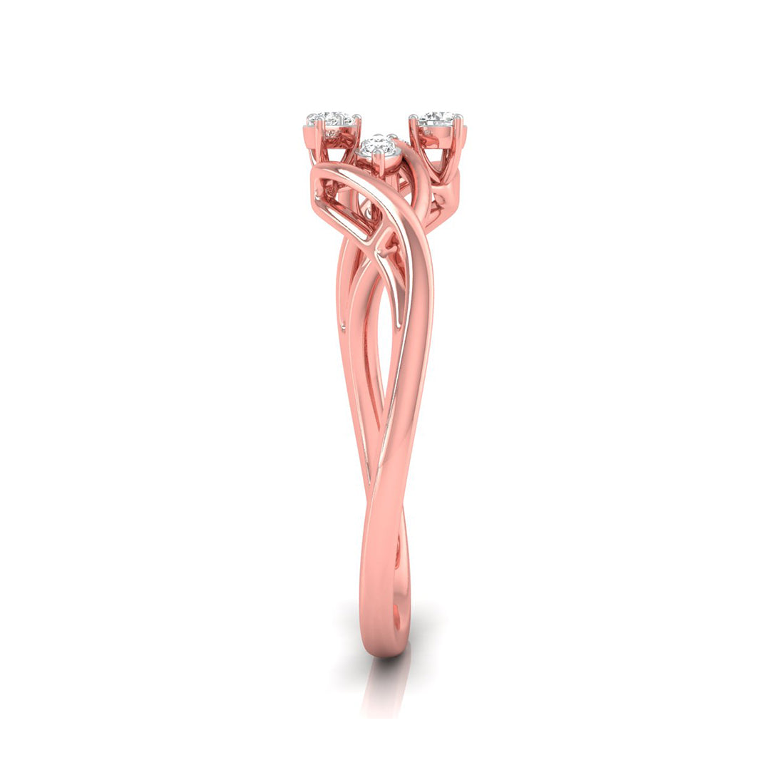A rose gold three-stone diamond ring with a twisted, flowing band design and three round-cut diamonds set in a prong setting, shown on a clean white background.
