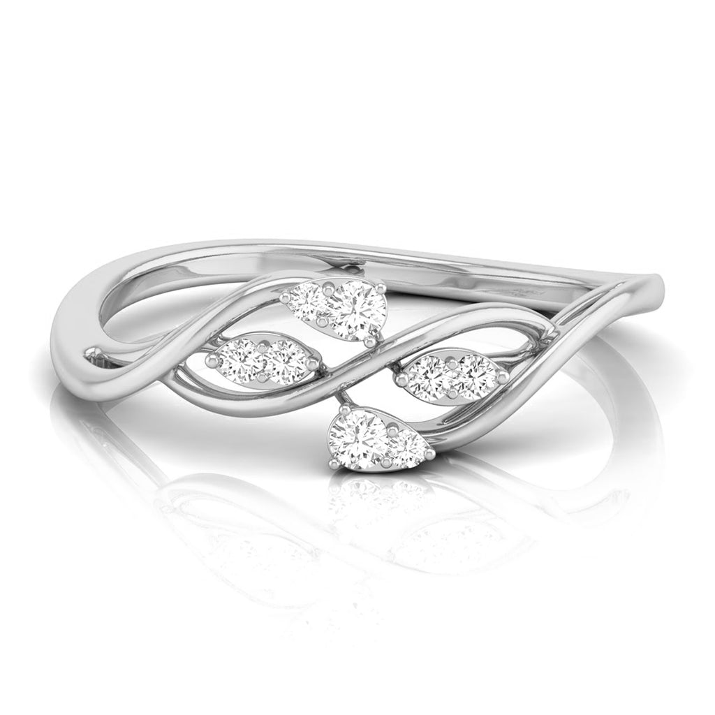 A silver-toned wave ring featuring small leaf-shaped clusters of clear round-cut gemstones, displayed on a clean white background with a soft reflection. white gold