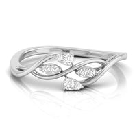 A silver-toned wave ring featuring small leaf-shaped clusters of clear round-cut gemstones, displayed on a clean white background with a soft reflection. white gold
