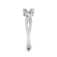 A silver-toned diamond ring with a twisted band and three round-cut diamonds set in a crown-like top, shown on a plain white background. white gold