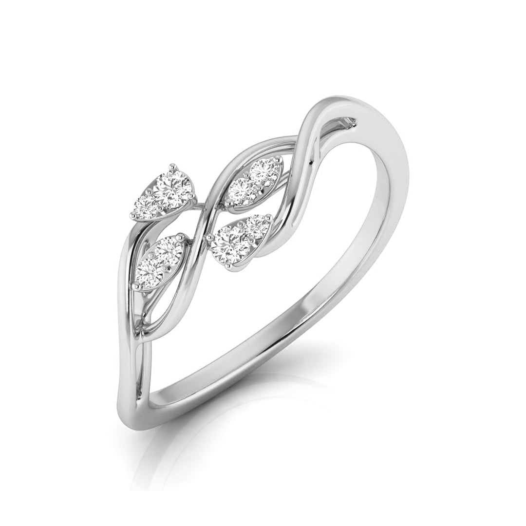 A silver-toned ring featuring a twisted infinity-style band adorned with four marquise-cut clear gemstones, shown on a clean white background. white gold