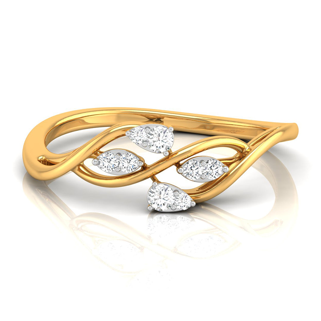 A yellow gold infinity-style ring featuring three clusters of marquise-cut clear gemstones, shown on a clean white background with a soft reflection below.