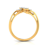 A yellow gold ring with a cluster of small clear gemstones at the top, shown from a side angle on a white background.