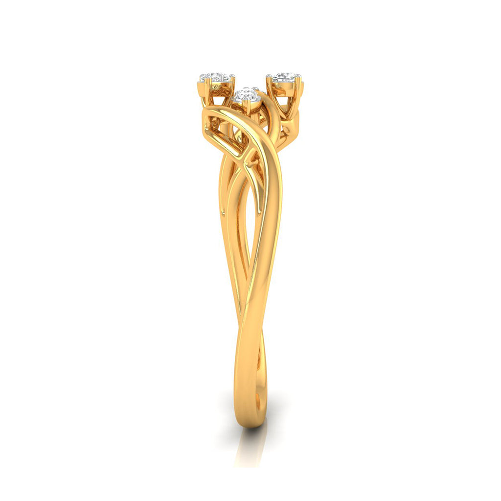 A yellow gold ring featuring three diamond-like round stones set in a split, intertwined band design, shown against a plain white background.