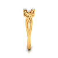 A yellow gold ring featuring three diamond-like round stones set in a split, intertwined band design, shown against a plain white background.