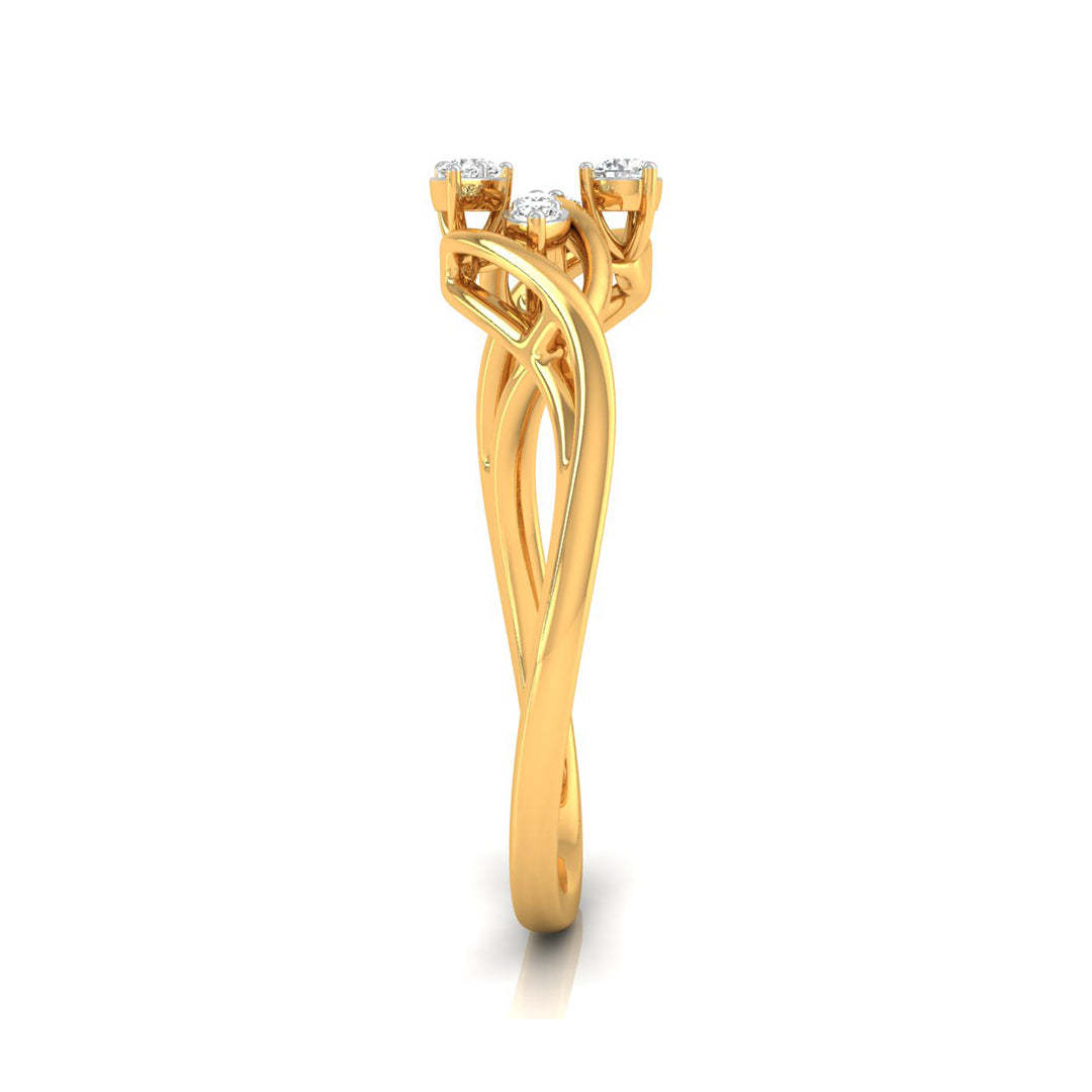A yellow gold ring featuring three diamond-like round stones set in a split, intertwined band design, shown against a plain white background.