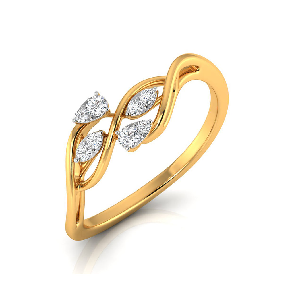 A yellow gold ring featuring an infinity symbol design adorned with four marquise-cut clear gemstones, set against a clean white background.