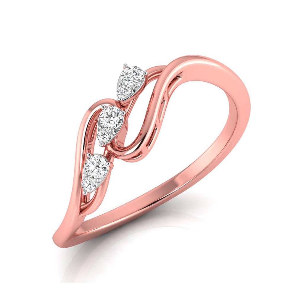 A rose gold ring with a curved, openwork band featuring three pear-cut clear gemstones, shown on a clean white background.