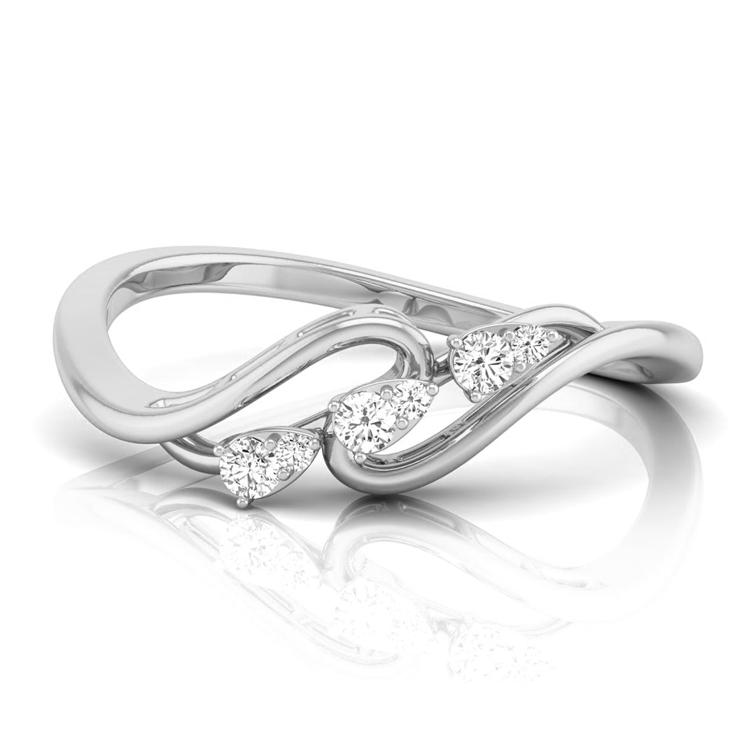 A silver infinity-style ring featuring three heart-shaped diamond clusters along the front, set against a clean white background with a soft reflection. white gold