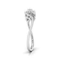 A silver-colored twist ring with a three-stone diamond cluster setting, shown on a clean white background with a soft reflection below. white gold