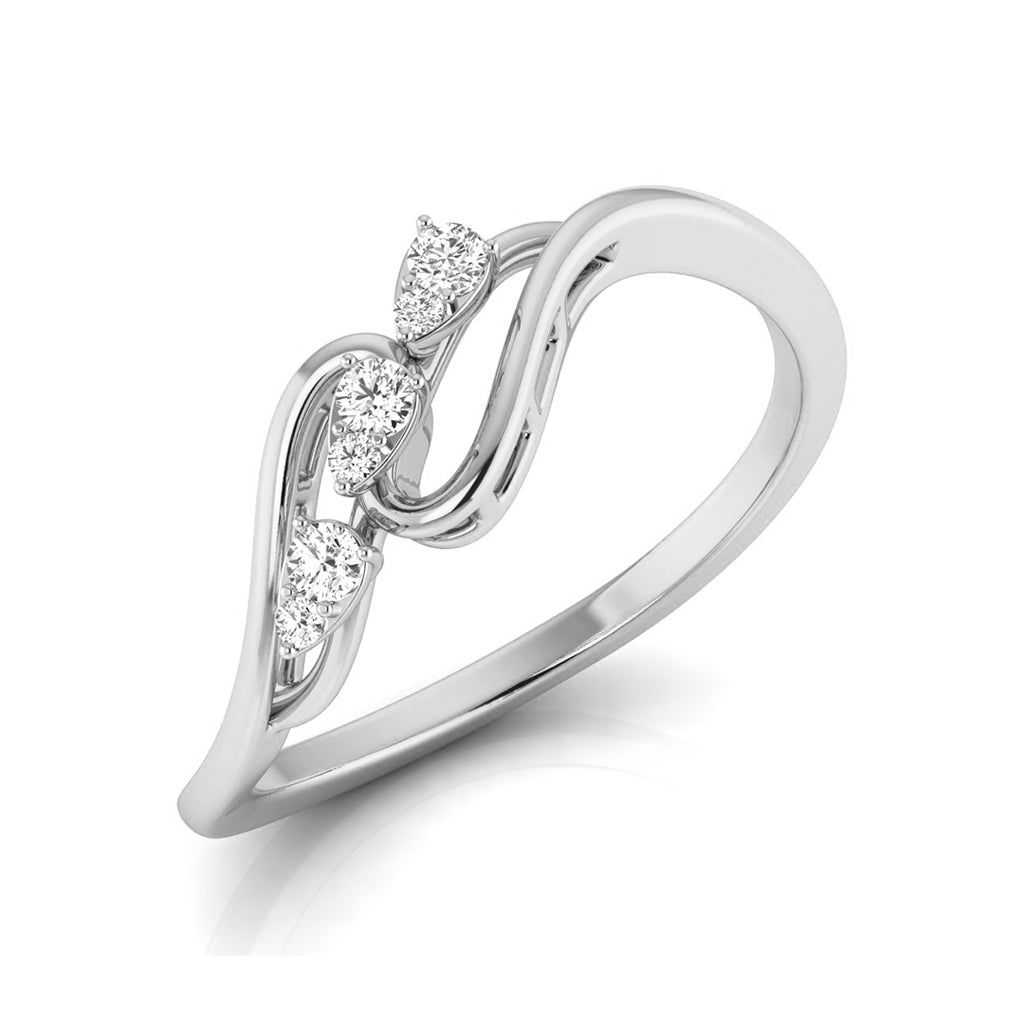 A silver-colored diamond ring with a curved, wave-like band featuring three marquise-cut diamonds set in a three-stone cluster arrangement, shown on a white background with a soft reflection. white gold