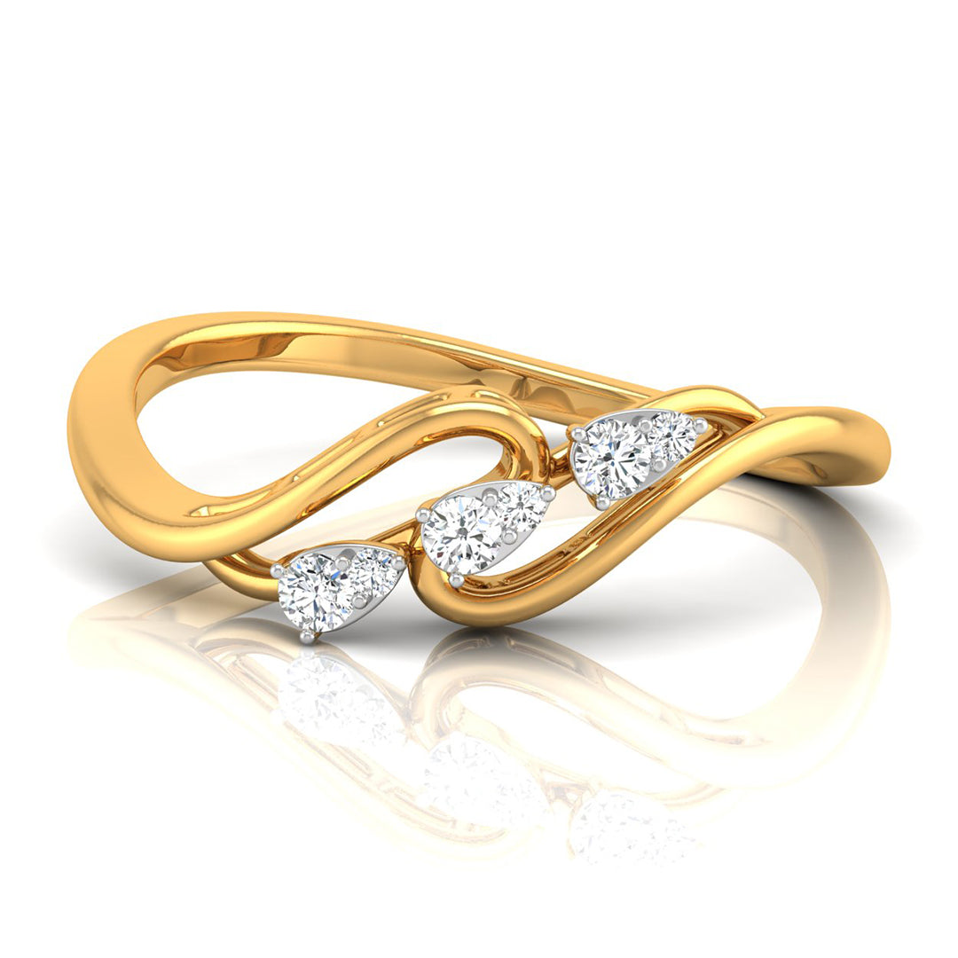 A yellow gold infinity-style ring featuring three marquise-cut clear gemstones set along the front, shown on a clean white background with a soft reflection below.