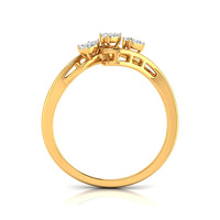 A yellow gold ring with a three-stone cluster setting, shown from a top-down perspective on a clean white background.
