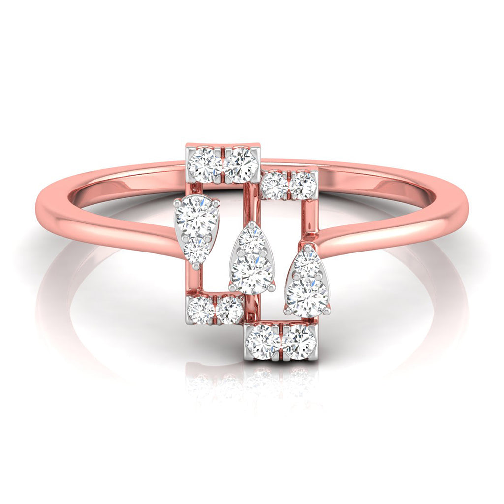 A rose gold ring with a geometric design featuring multiple clear round and pear-cut gemstones, shown on a clean white background with a soft reflection.