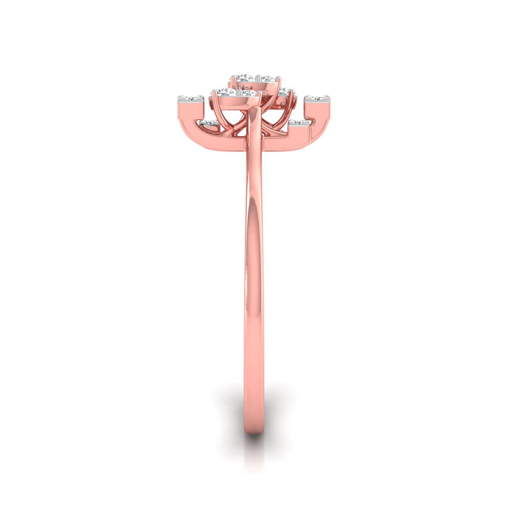 Rose gold ring setting viewed from the back, featuring a curved prong design with small clear gemstones, on a white background with a soft shadow.