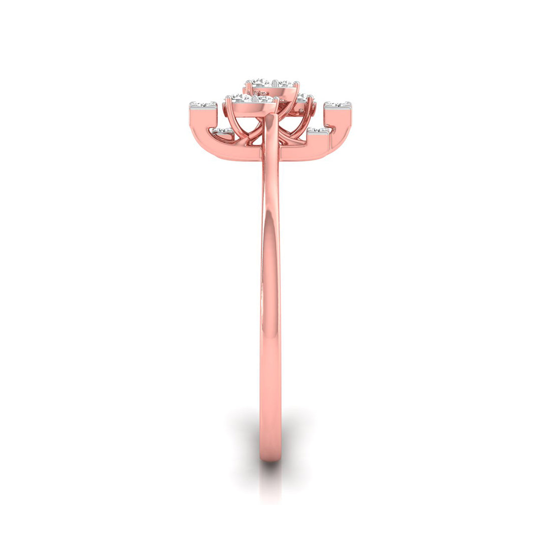 Rose gold ring setting viewed from the back, featuring a curved prong design with small clear gemstones, on a white background with a soft shadow.