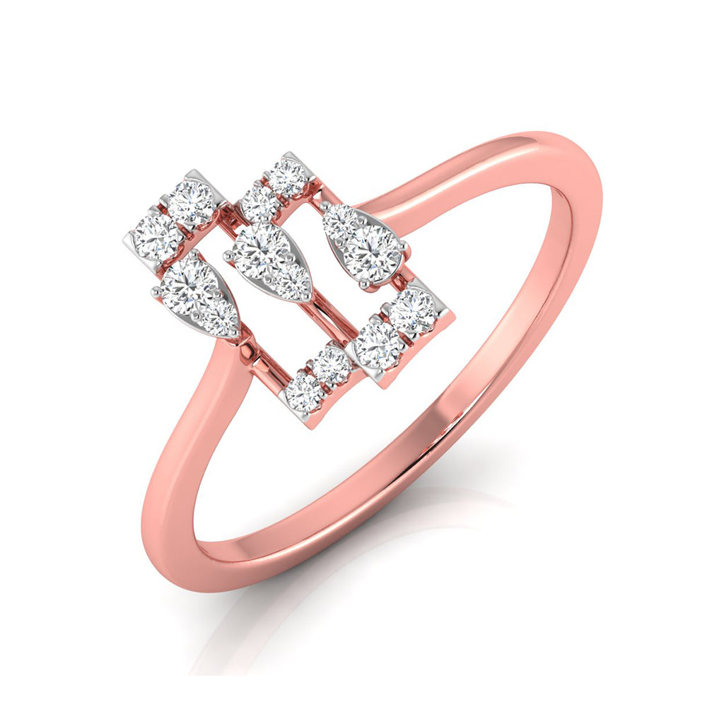 A rose gold ring featuring a geometric, openwork design set with multiple small round and marquise-cut clear diamonds, shown on a clean white background.