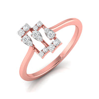 A rose gold ring featuring a geometric, openwork design set with multiple small round and marquise-cut clear diamonds, shown on a clean white background.