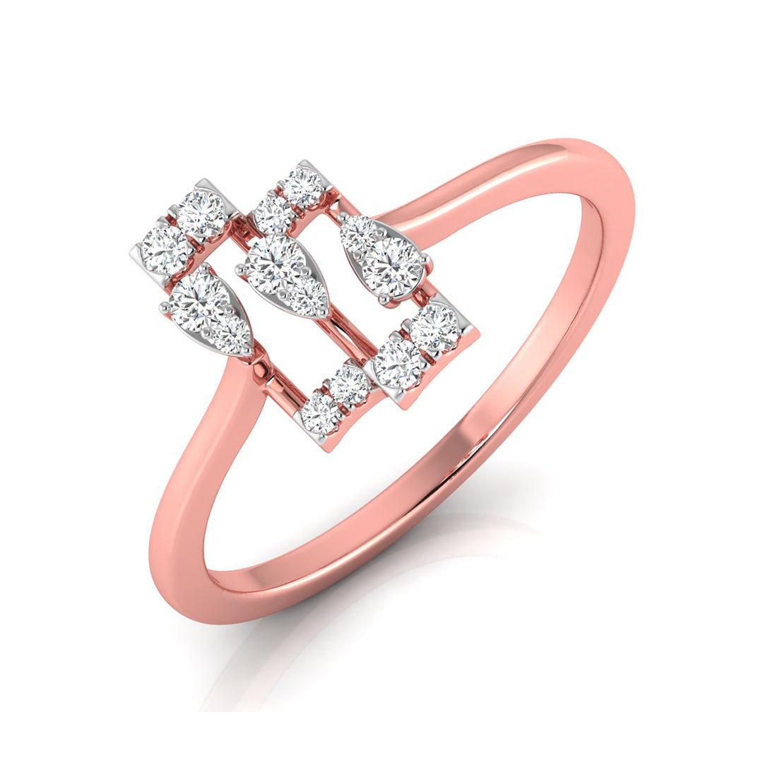 A rose gold ring featuring a geometric, openwork design set with multiple small round and marquise-cut clear diamonds, shown on a clean white background.