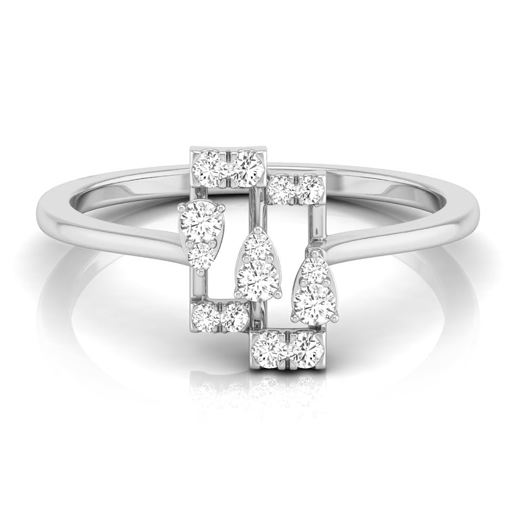 A silver-toned geometric ring featuring multiple round and pear-cut clear gemstones arranged in an openwork design, set against a clean white background with a soft reflection. white gold