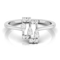 A silver-toned geometric ring featuring multiple round and pear-cut clear gemstones arranged in an openwork design, set against a clean white background with a soft reflection. white gold