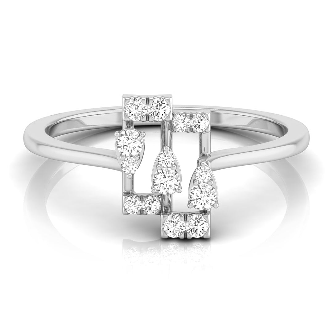 A silver-toned geometric ring featuring multiple round and pear-cut clear gemstones arranged in an openwork design, set against a clean white background with a soft reflection. white gold