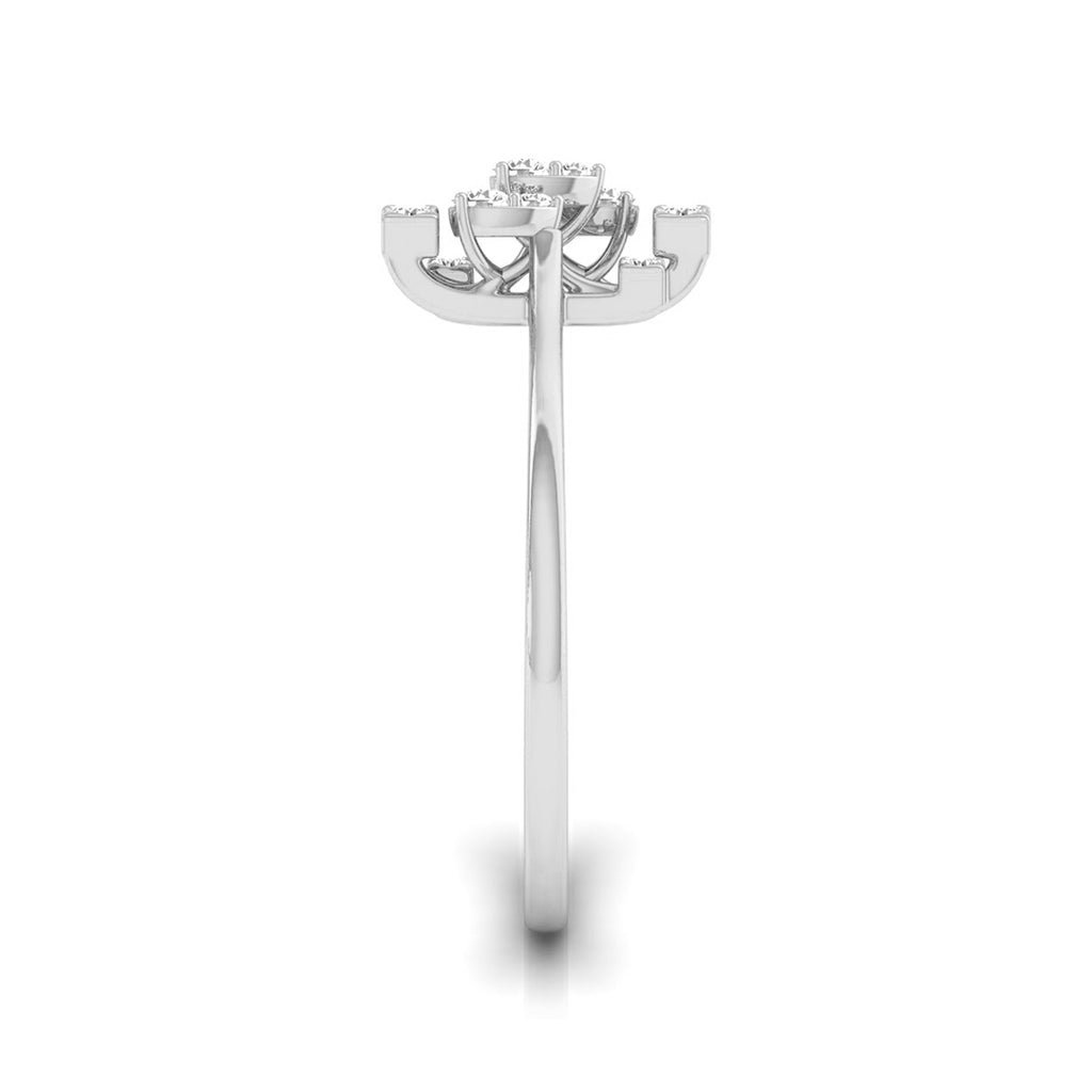 A silver-toned diamond engagement ring setting with a round center stone, shown from the back on a clean white background. white gold