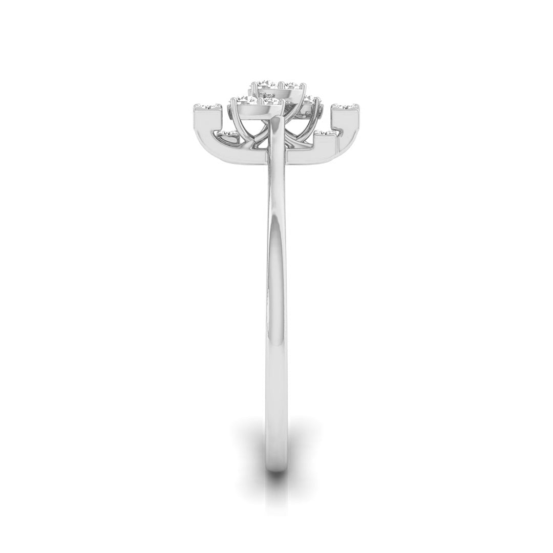 A silver-toned diamond engagement ring setting with a round center stone, shown from the back on a clean white background. white gold