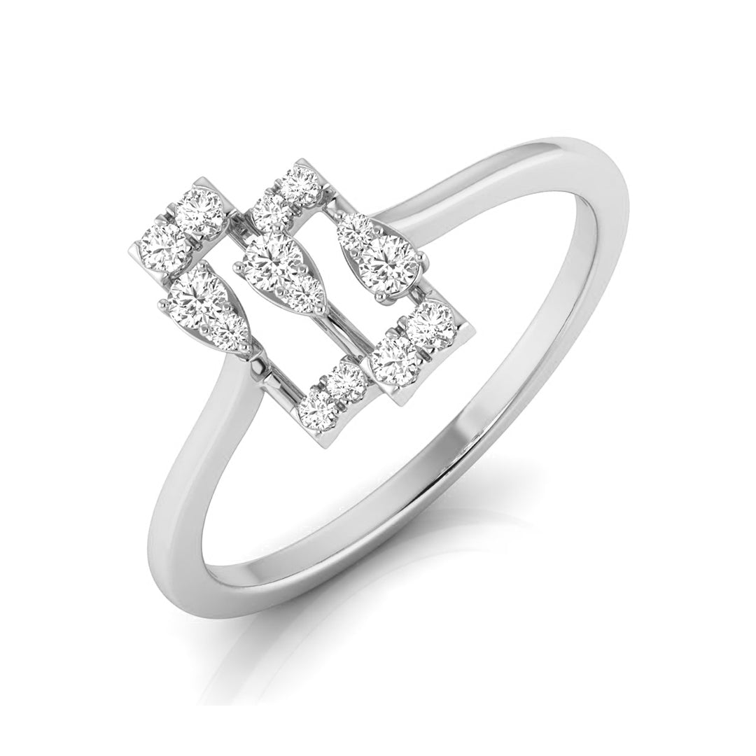 A silver-toned ring featuring a geometric, openwork top set with multiple round-cut diamonds, shown on a clean white background. white gold