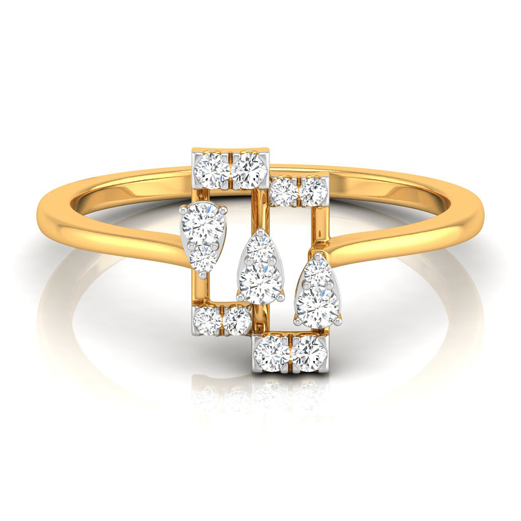 A yellow gold ring with a geometric diamond cluster setting, featuring pear-cut and round-cut diamonds on a clean white background with a soft reflection.
