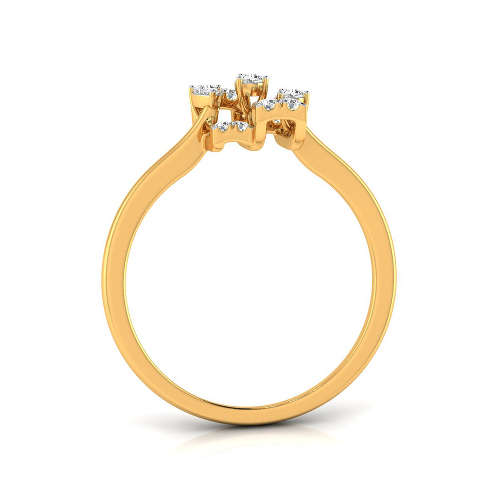 A yellow gold ring with a three-stone cluster setting featuring small clear gemstones, shown on a clean white background.