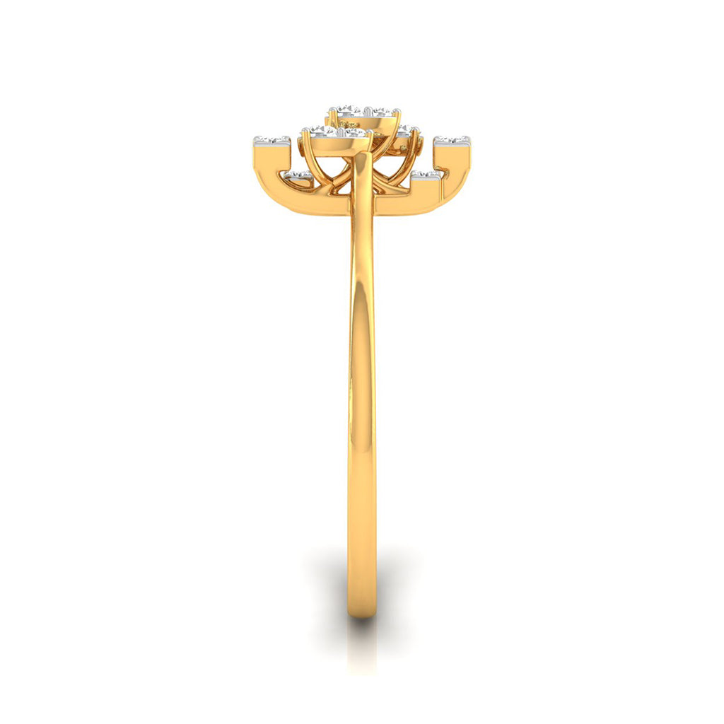 A yellow gold ring shown from the back, featuring a curved halo setting with small clear gemstones and a polished band, set against a plain white background.