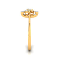 A yellow gold ring shown from the back, featuring a curved halo setting with small clear gemstones and a polished band, set against a plain white background.