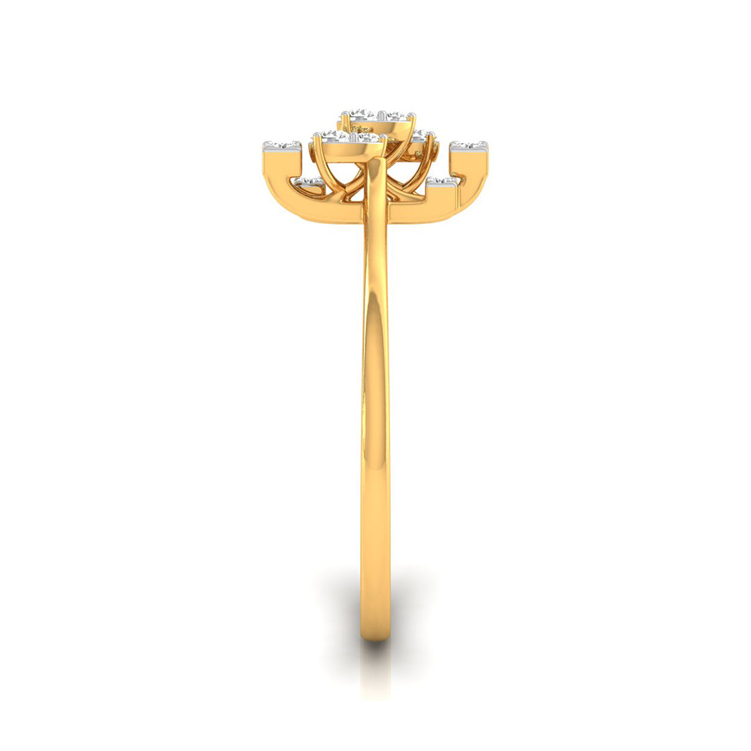 A yellow gold ring shown from the back, featuring a curved halo setting with small clear gemstones and a polished band, set against a plain white background.