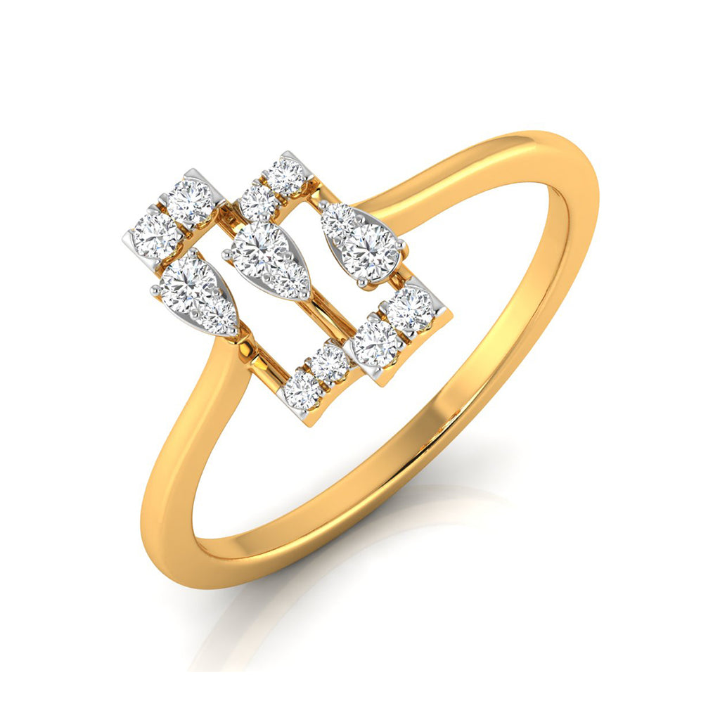 A yellow gold ring featuring a geometric, openwork top set with multiple round and marquise-cut clear diamonds, shown on a clean white background.