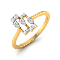 A yellow gold ring featuring a geometric, openwork top set with multiple round and marquise-cut clear diamonds, shown on a clean white background.