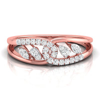 Rose gold ring with diamond accents on a white background