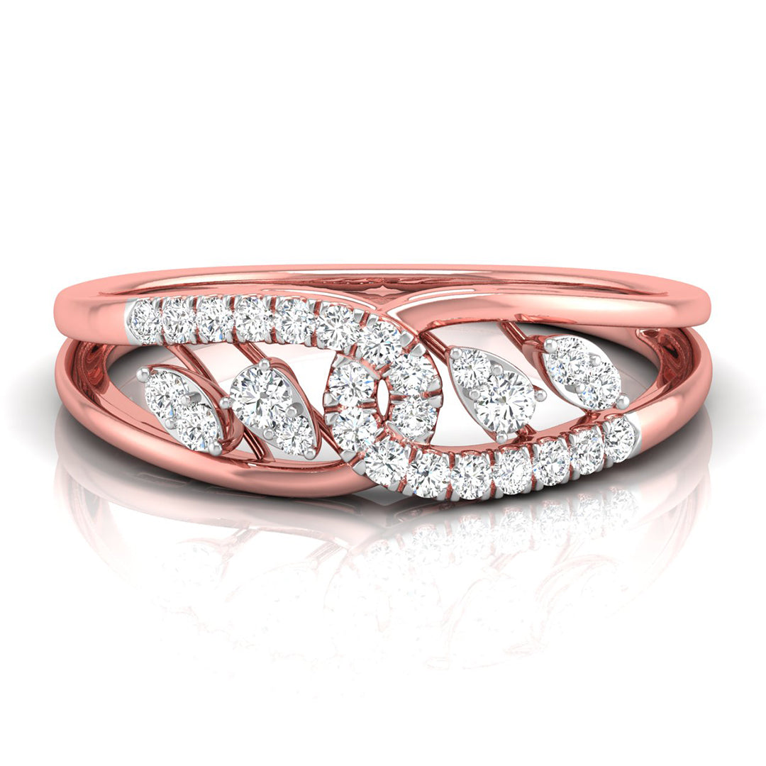 Rose gold ring with diamond accents on a white background