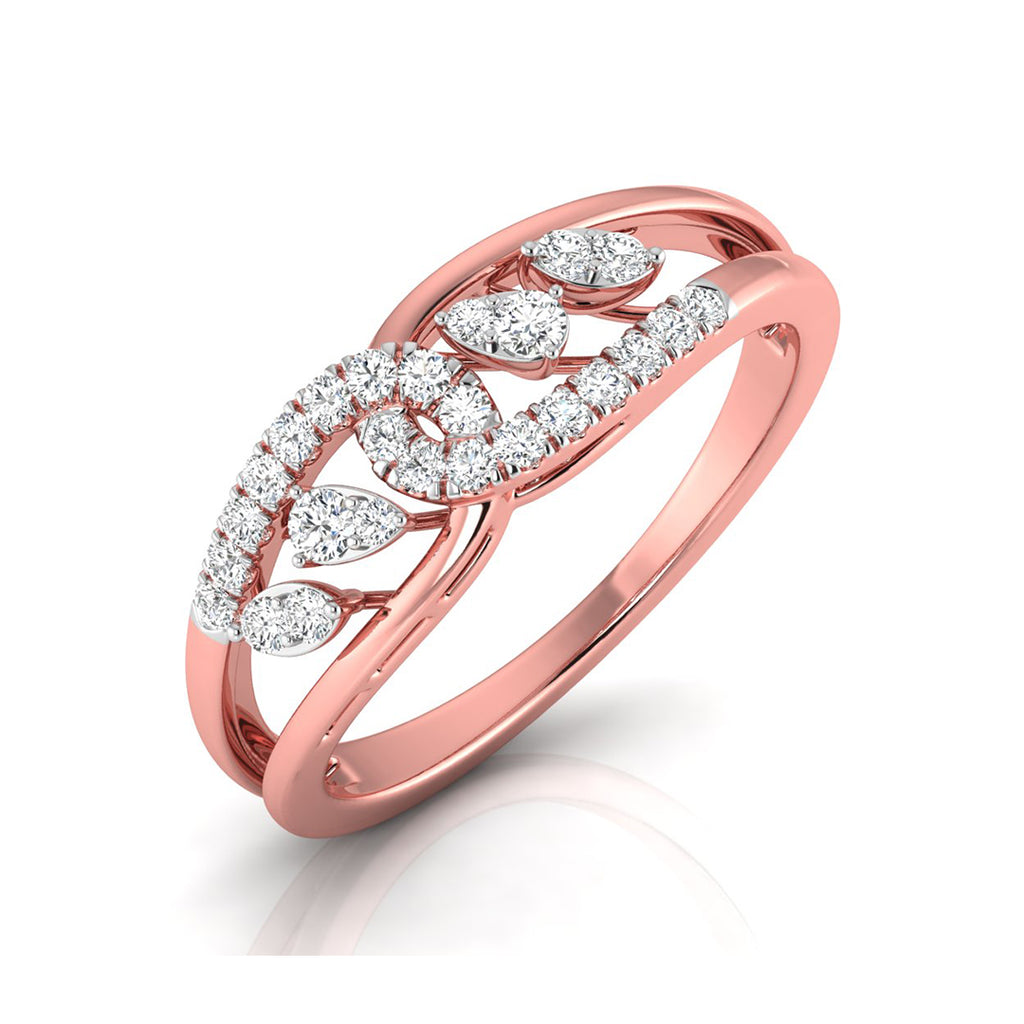 Rose gold ring with diamond accents on a white background