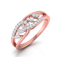 Rose gold ring with diamond accents on a white background