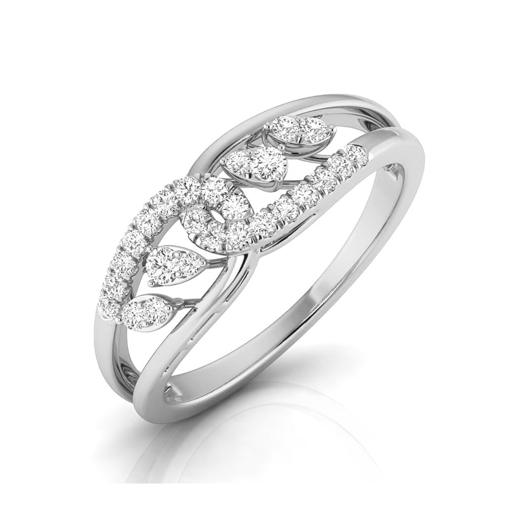Silver ring with diamond accents on a white background white gold