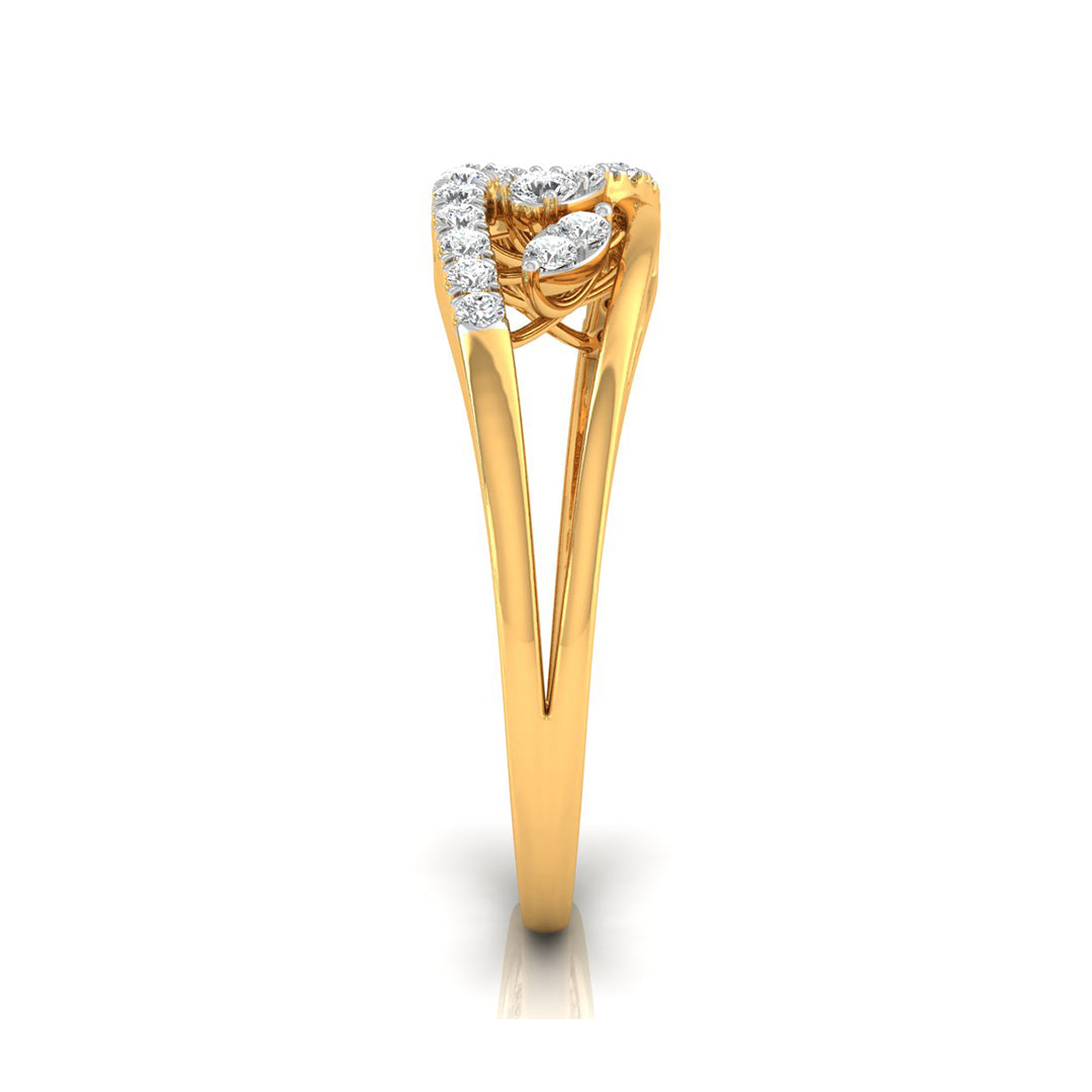 yellow Gold ring with heart-shaped diamond design on a white background