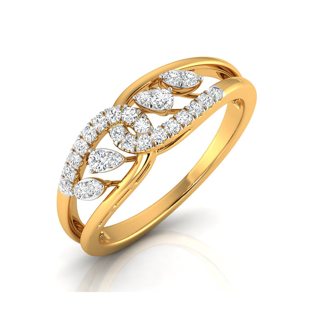 yellow Gold ring with diamond accents on a white background
